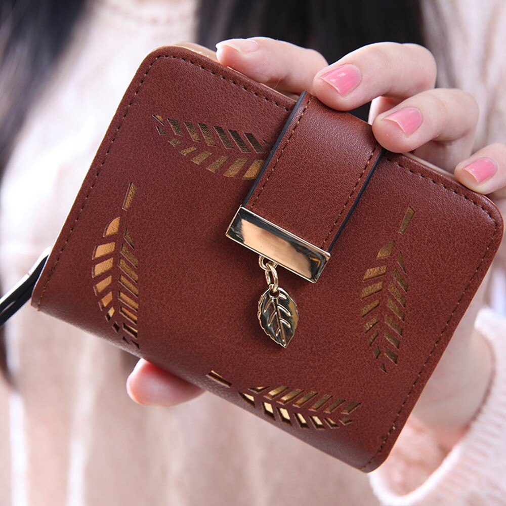 Bolsa feminina carteira bifold leaf carteira de couro titular do cartão de embreagem bolsa portafoglio donna billeteras para mujer monederos clip