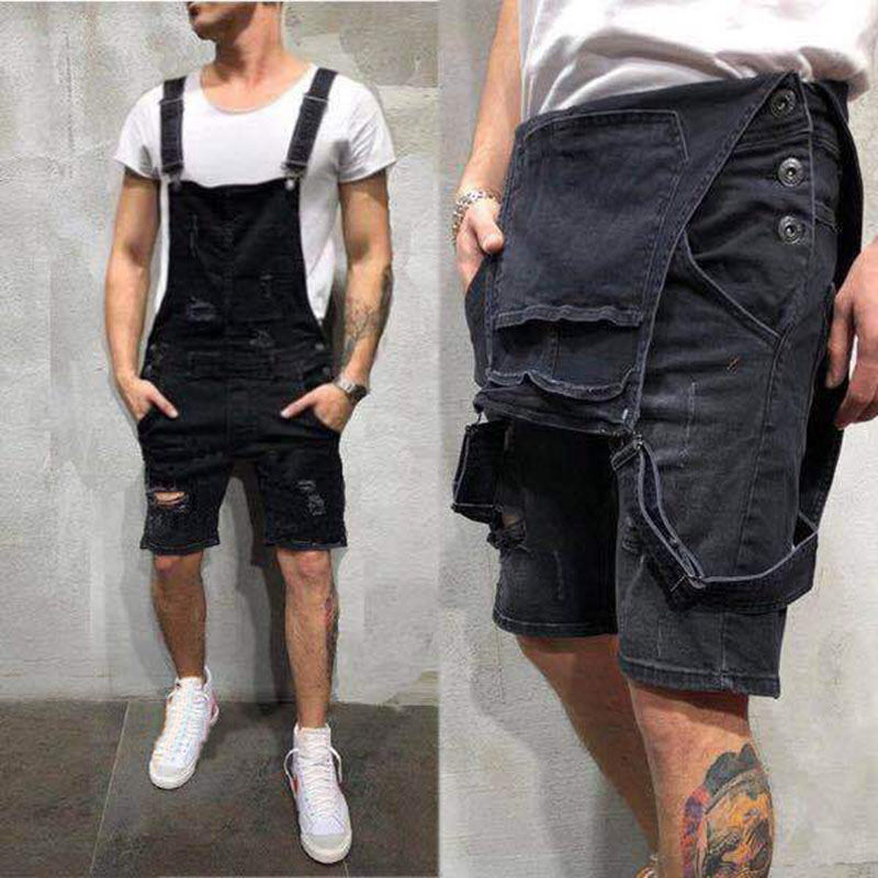Mono vaquero rasgado a la para Hombre, Peto vaquero desgastado, pantalones cortos informales ajustados hasta la rodilla, color negro