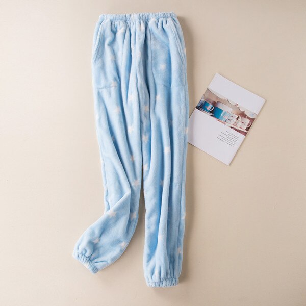 Fdfklak vinter flanell pyjamasbyxor kvinnor underdelar byxor lounge wear tjocka varma byxor kvinnor sovunderdel  q1413: Blå kvinna / L