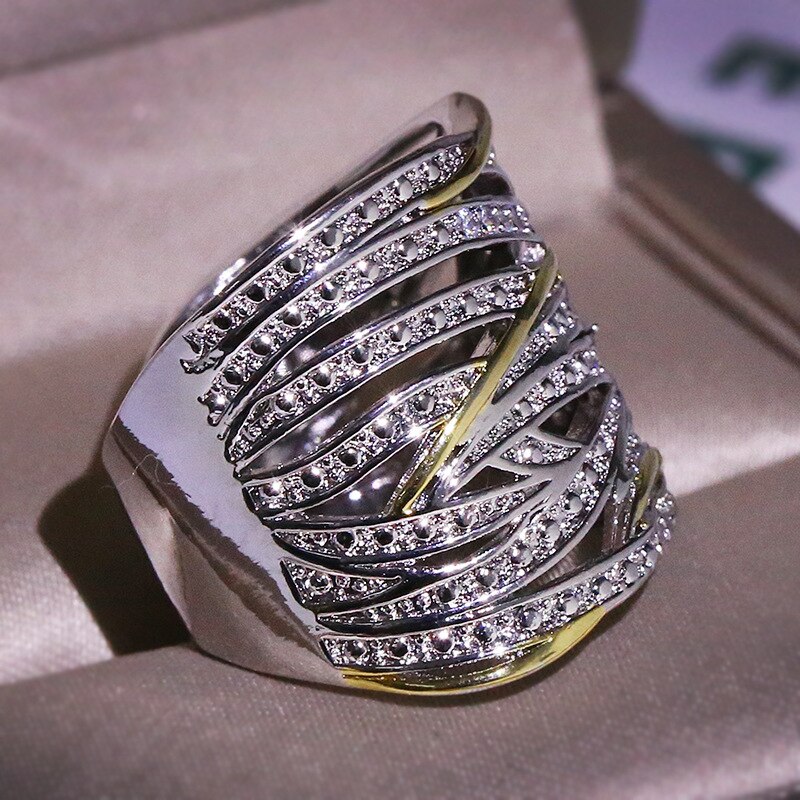 Silver Gold Big Band Wing Feather Ring for Women Wedding Engagement Jewelry with Zircon Stone 925 Silver