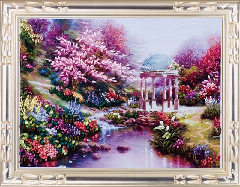 60X50cm Cherry Garden DIY Ribbon Embroidery 3D Embroidery Print Cross Set Needlework Unfinished Wall Painting Craft