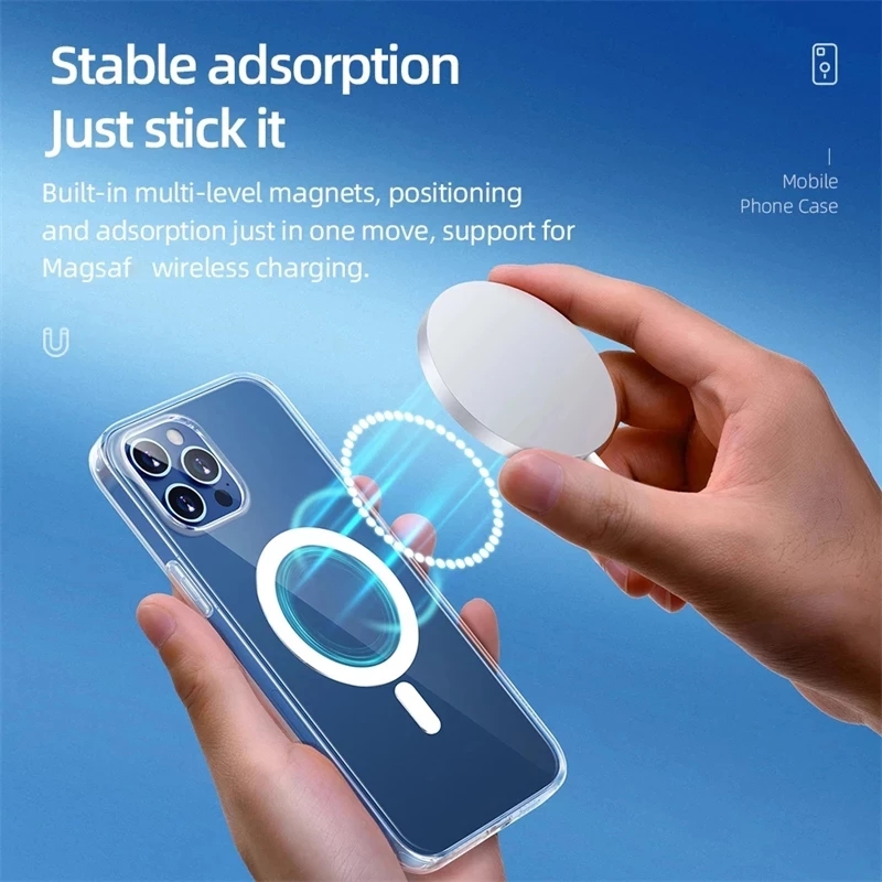 Funda magnética transparente para iPhone 11 12 13 14 15Pro Max Mini 7 8 X XS Max XR Magsafing soporte cubierta de carga inalámbrica