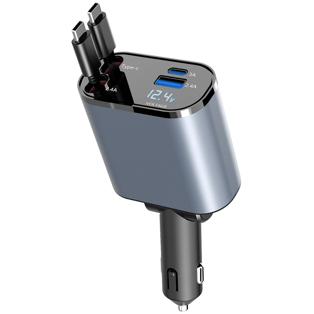 Intrekbare Autolader, 4 In 1 Snelle Autolader Met Snoer 2,6 Ft, Intrekbare Kabel En 2 Usb-Poorten Autolader Aanpassen: Donkergrijs