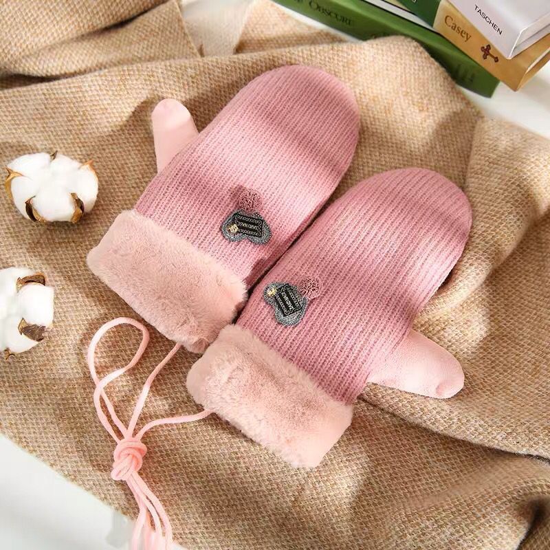 Handschuhe Winter Damen Plus Samt Dicke Warme Nette Schüler eins Frauen Herz Handschuh Neue Jahr draussen Hängen Nacken Handschuhe wolle: Rosa