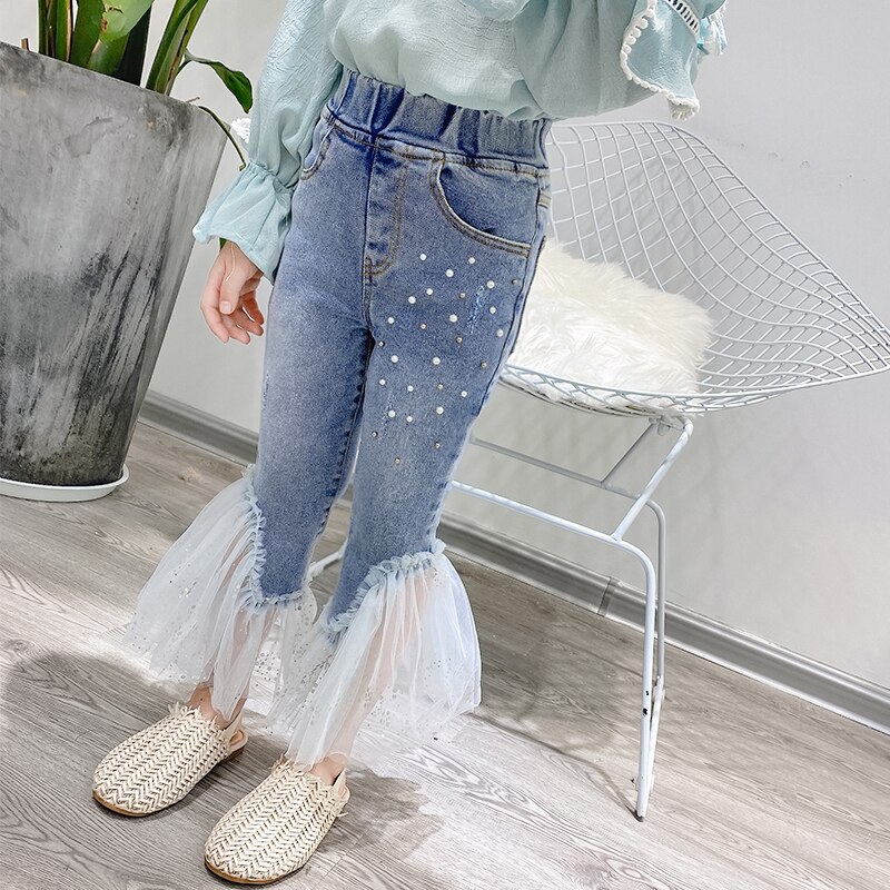 Meisjes mesh patchwork kralen denim broek lente boot cut broek kinderen cowboy broek kinderkleding  ws1474