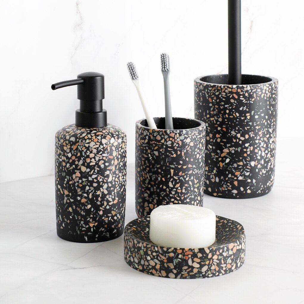 Badeværelsestilbehør sæt sort terrazzo harpiks tandbørsteholder sæbedispenser pumpe flaske tandpasta dispenser sæbeskål