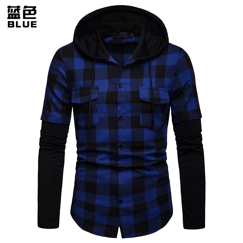 Mænds casual slim fit skjorte plaid hætte med to lommer langærmet top skovhugger ternet skjorte jack tøj 205 #39: Blå / M