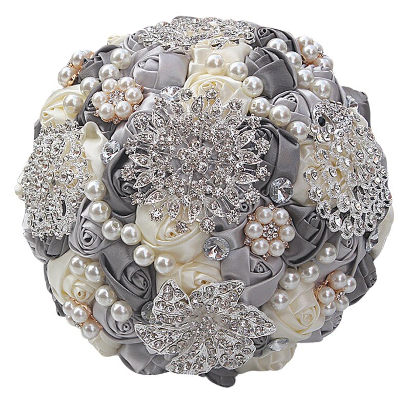 14 Colors 1Piece Ivory Flower Bouquet Stunning Pearls Beaded Crystal Bouquet De Mariage Wedding Flowers Bridal Bouquets: Silver Grey Ivory