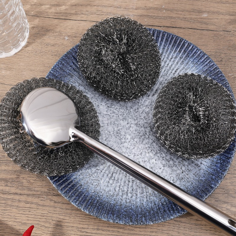 Steel Wool Scrubber with Handle Stainless Steel Pan Cleaner Scrubber with Long Short Handle Cleaning Brush Replaceable Wire Ball