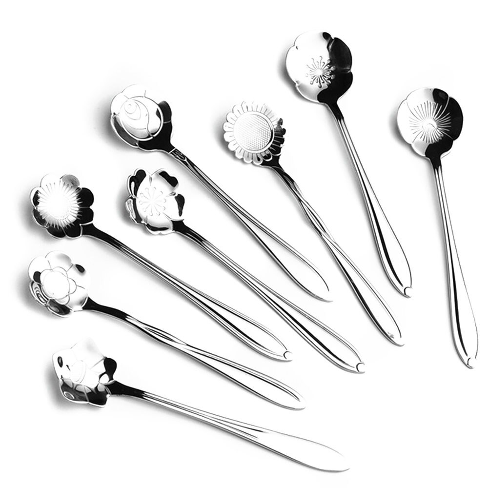 8 Pieces/Set Flower Shaped Spoon Dessert Coffee Stirring Scoop Long Handle Mini Dessert Spoons Tableware Decor: Gold