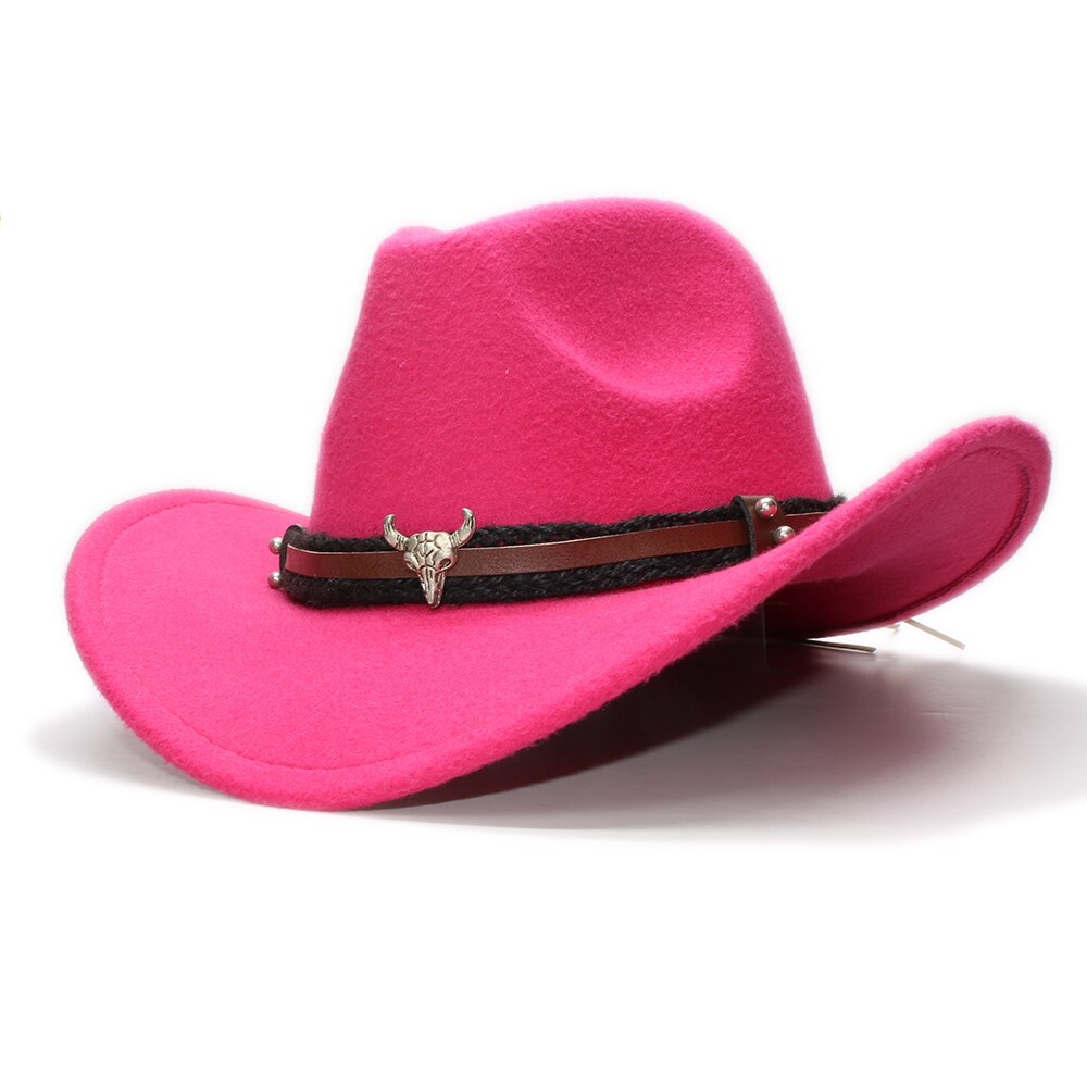 Large Plus 61cm Retro Women Men Wool Wide Brim Cowboy Western Cowgirl Hat Funeral Formal Fedora Cap Bull Head Oxhead Braid Band: Rose