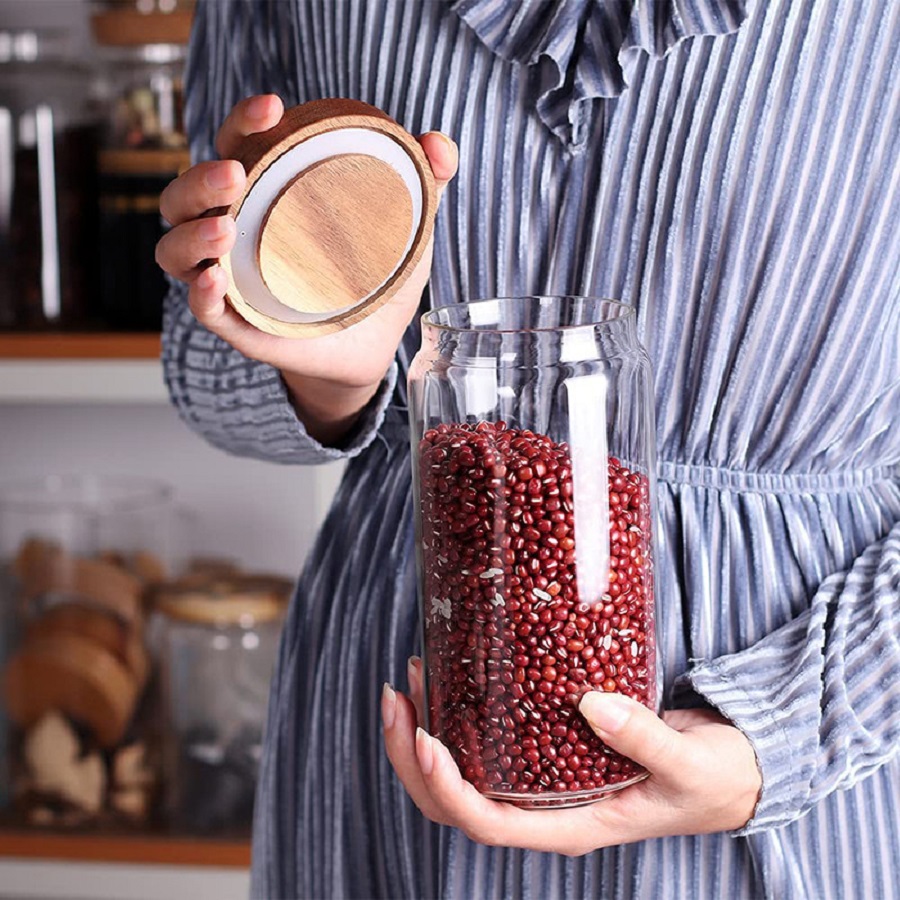 1 Stück kleine Glas vorrats gläser mit luftdichten Deckeln, Kaffee behälter mit Holzdeckel, Glasbehälter für Bohnen, Reis, Zucker: Orange