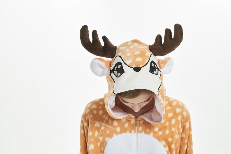 Kigurumi-Pijama con capucha de ciervo para hombre y mujer, pijama de una sola pieza, de franela, cálido, animal, para adulto, kugurumi