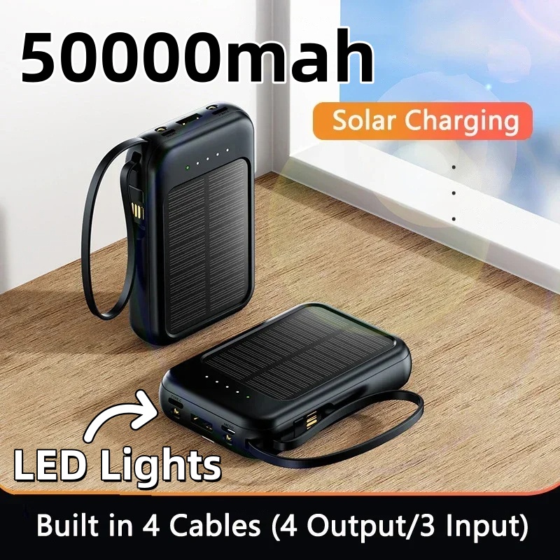 50000- mah-Solar--powerbank mit LED-leuchten, 4 ladekabeln, tragbarer externer akku, notstromversorgung für alle mobiltelefone