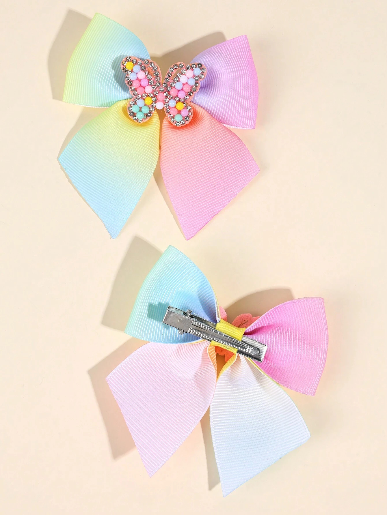Lazo de pelo de arcoíris para niña, 2 piezas, cinta de grogrén degradado, pinzas para el pelo con cuentas de diamantes de imitación, mariposa, accesorios para el cabello
