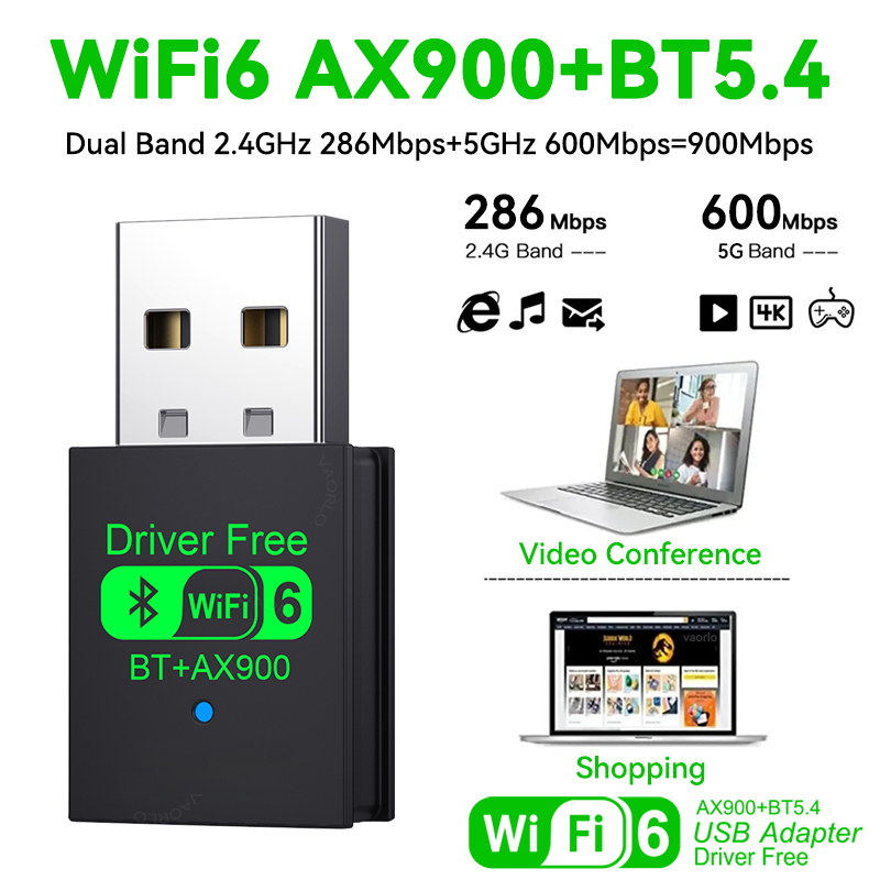 900Mbps USB Bluetooth 5.4 Adapter Draadloze Dongle Audio-ontvanger Zender Driver Gratis WiFi6 Voor PC/Laptop Win11/10 Dual Band Toetsenbord/Muis AX900