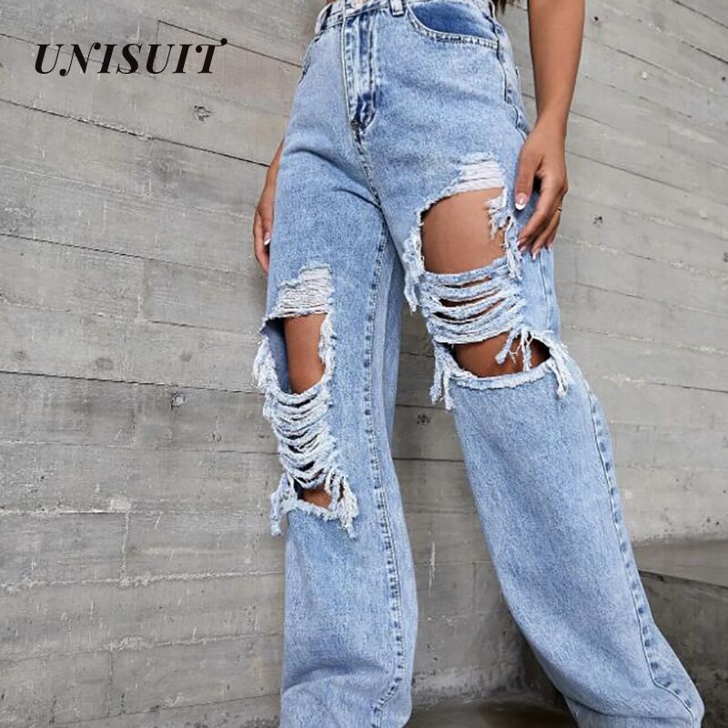 Pantalones vaqueros rasgados para mujer, Vaqueros desgastados de pierna recta y piernas anchas, estilo europeo y americano, para monopatín,