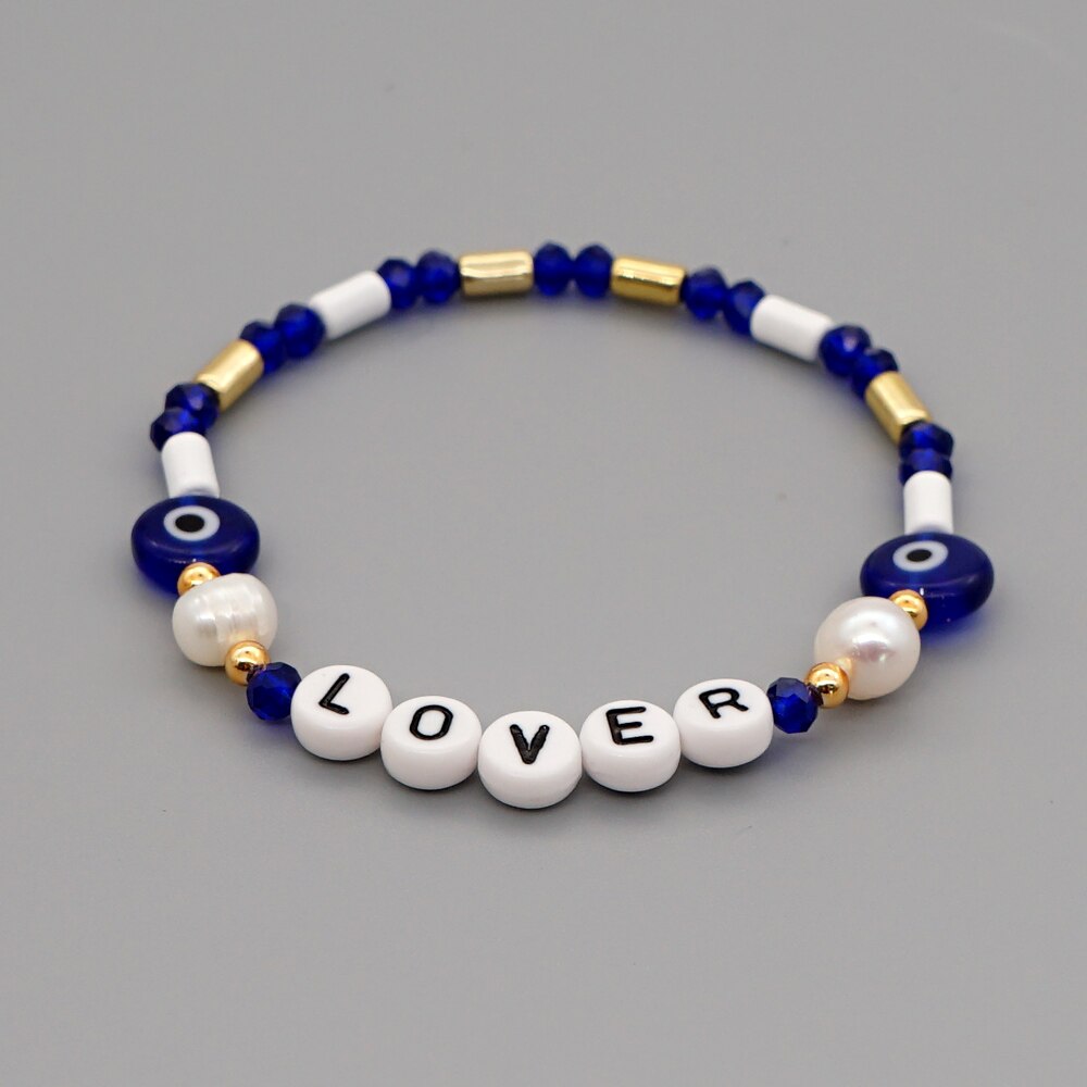 Shinus LOVER Letter Bracelets Enamel Tube Beaded Bracelet For Women Evil Eye Pearl Crystal Pulsera Mujer Summer Jewelry