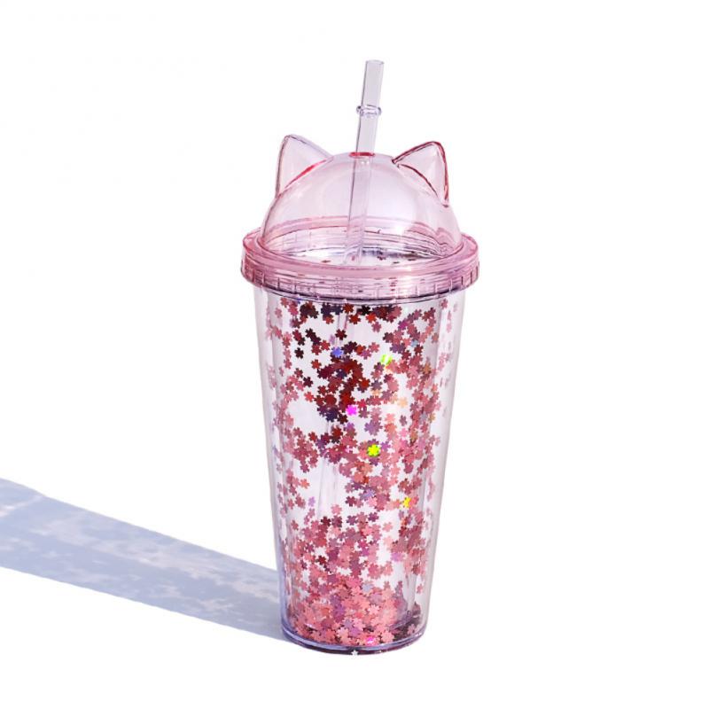 Tasse en plastique Transparent avec oreille de chat, Double couche, 473ml/16oz, tasse d&#39;eau, tasse de paille, tasse à café, gobelet avec paille: 01