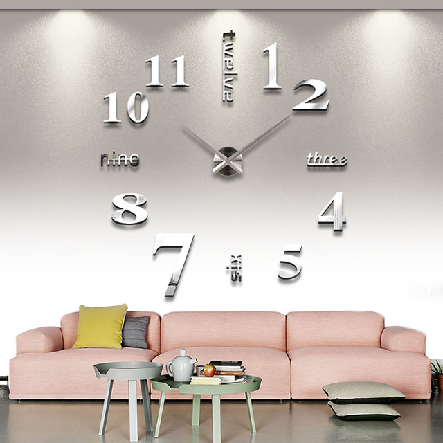 Horloge murale grand miroir, moderne 3D, décoration pour la maison, bricolage, unique,: Argent / 47inch(3D)