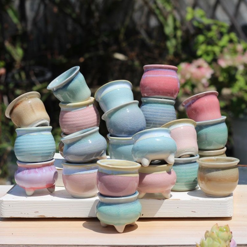 Maceta pequeña de cerámica transpirable combinada, maceta para plantas suculentas con pulgar bonito, Mini maceta para bonsái de jardín para el hogar