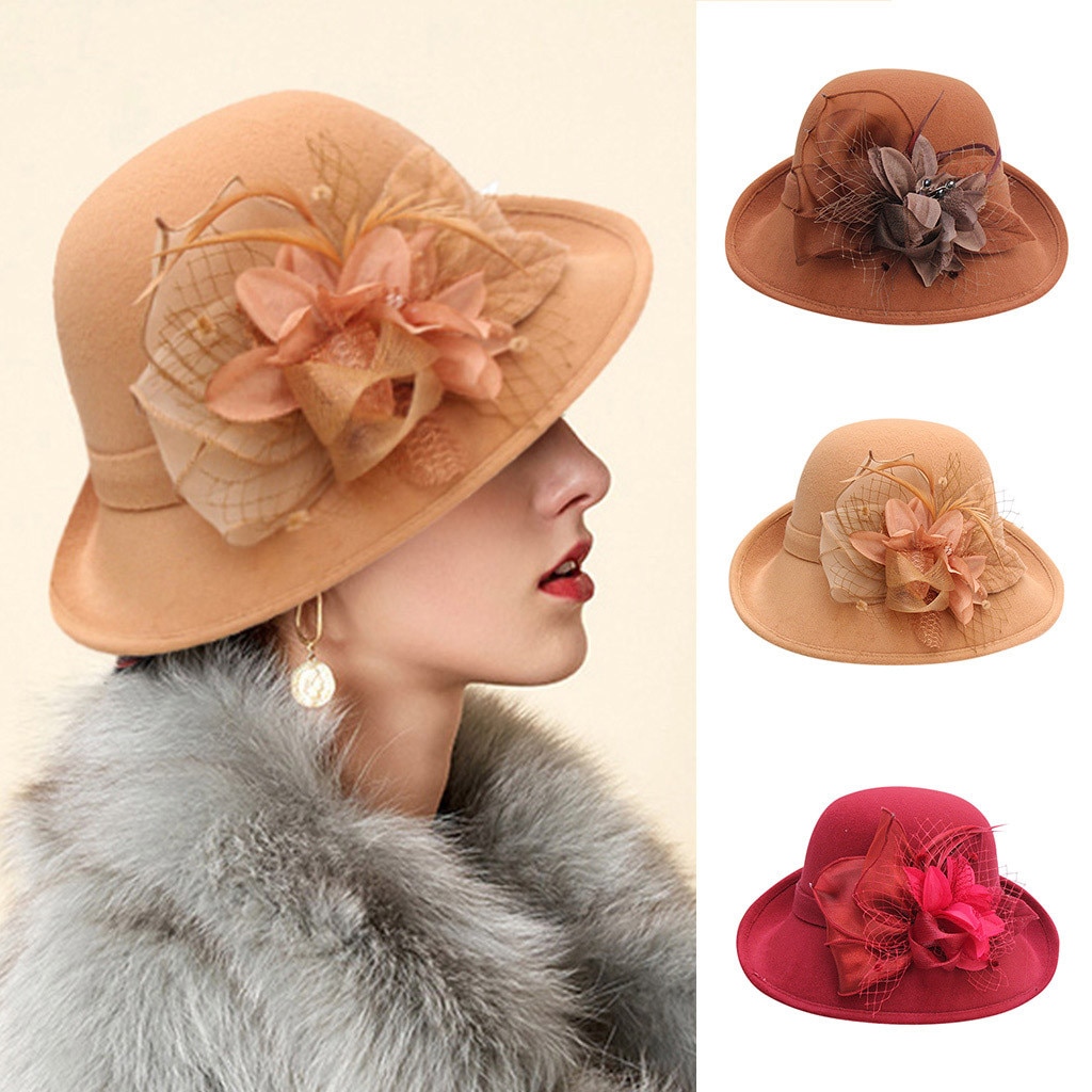 Vintage Black Wool Felt Cloche Hat With Bowknot Wide Brim Bowler Winter Fedoras Ladies Yellow Blue Floppy Derby Hats Cap#p5