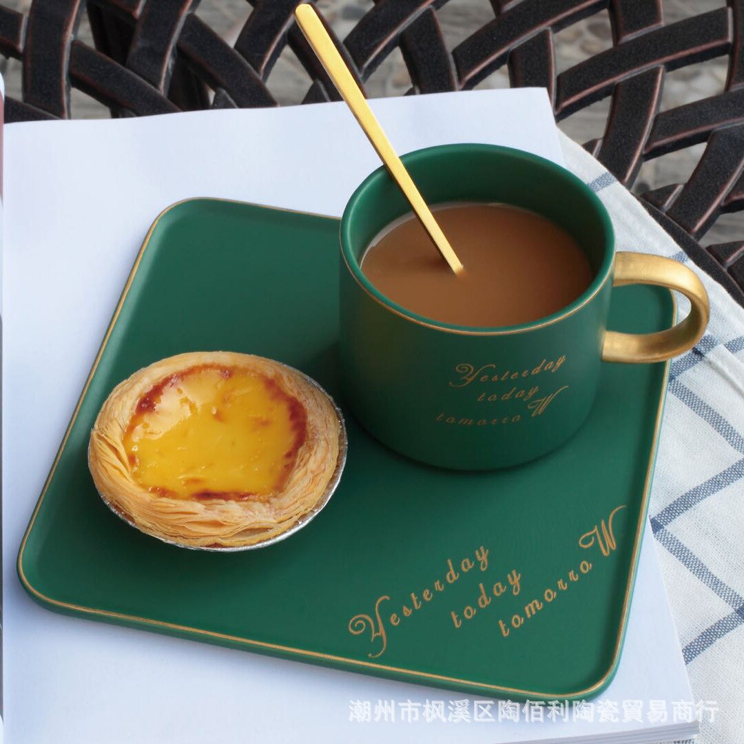 Porcelain Coffee Cup Simple Gold Rim Luxury Breakfast Arabic Coffee Set With Spoon Black Tazas Cafe Home Garden BE50CU: green