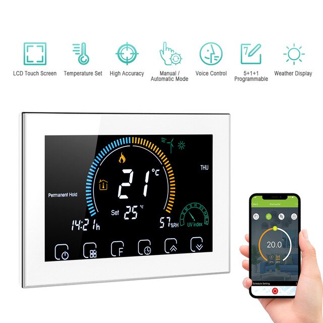 ℃/)Termostato programmabile intelligente Wi-Fi commutabile controllo APP vocale retroilluminazione LCD acqua/Gas caldaia termoregolatore riscaldamento: WHITE