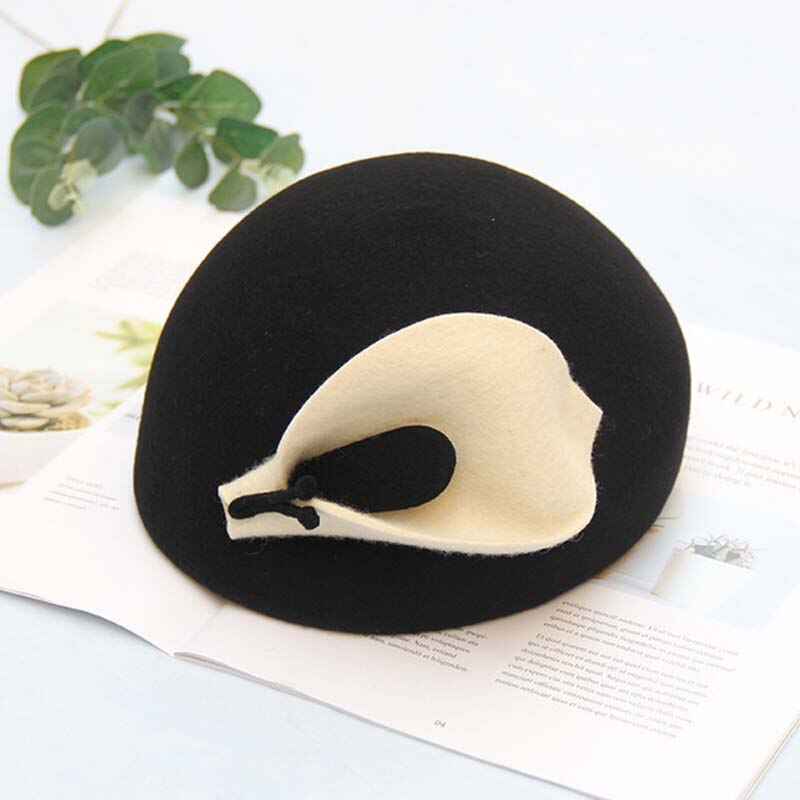 QDKPOTC nueva Flor de lirio fieltro boina Noble mujeres tocado Fedora sombrero cena boda sombreros: Black