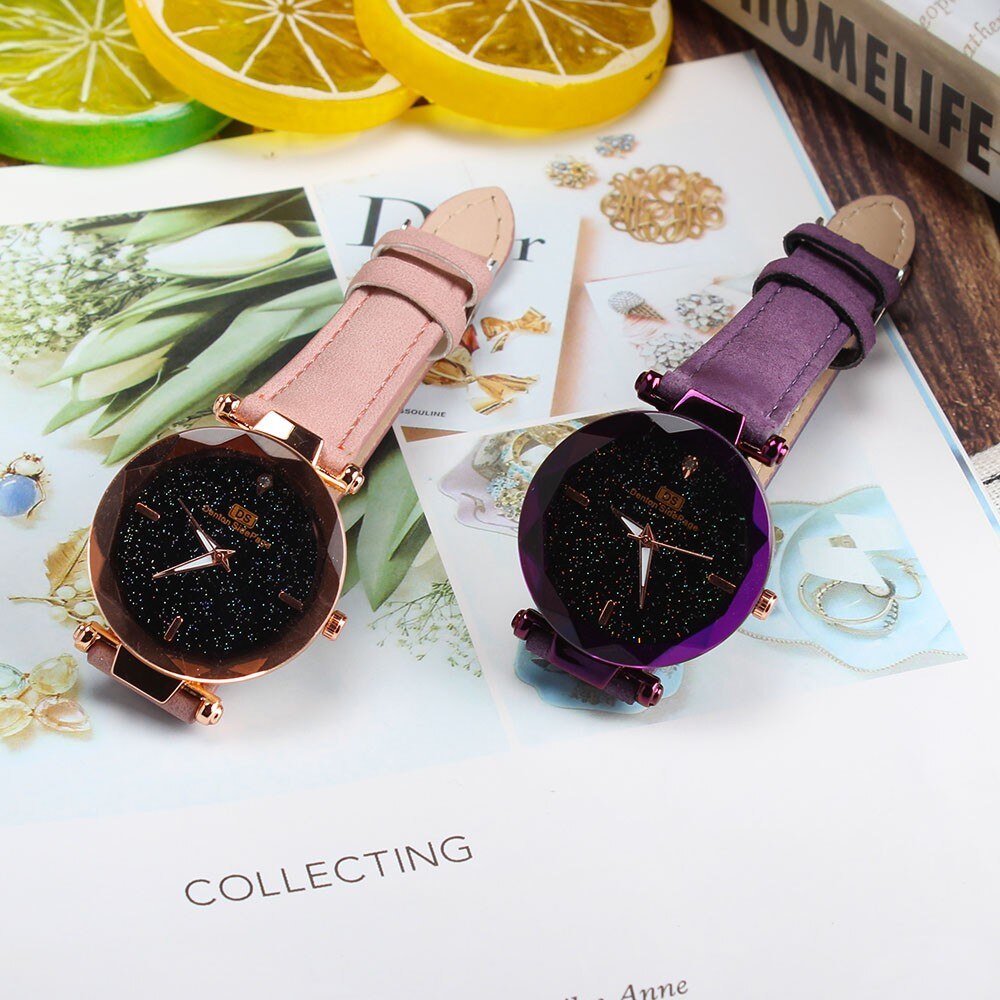 Prachtige Dames Horloge Sterrenhemel Vrouwelijke Lederen Quartz Horloge Elegante Vrouwen Horloges Armband Horloge Montre Femme