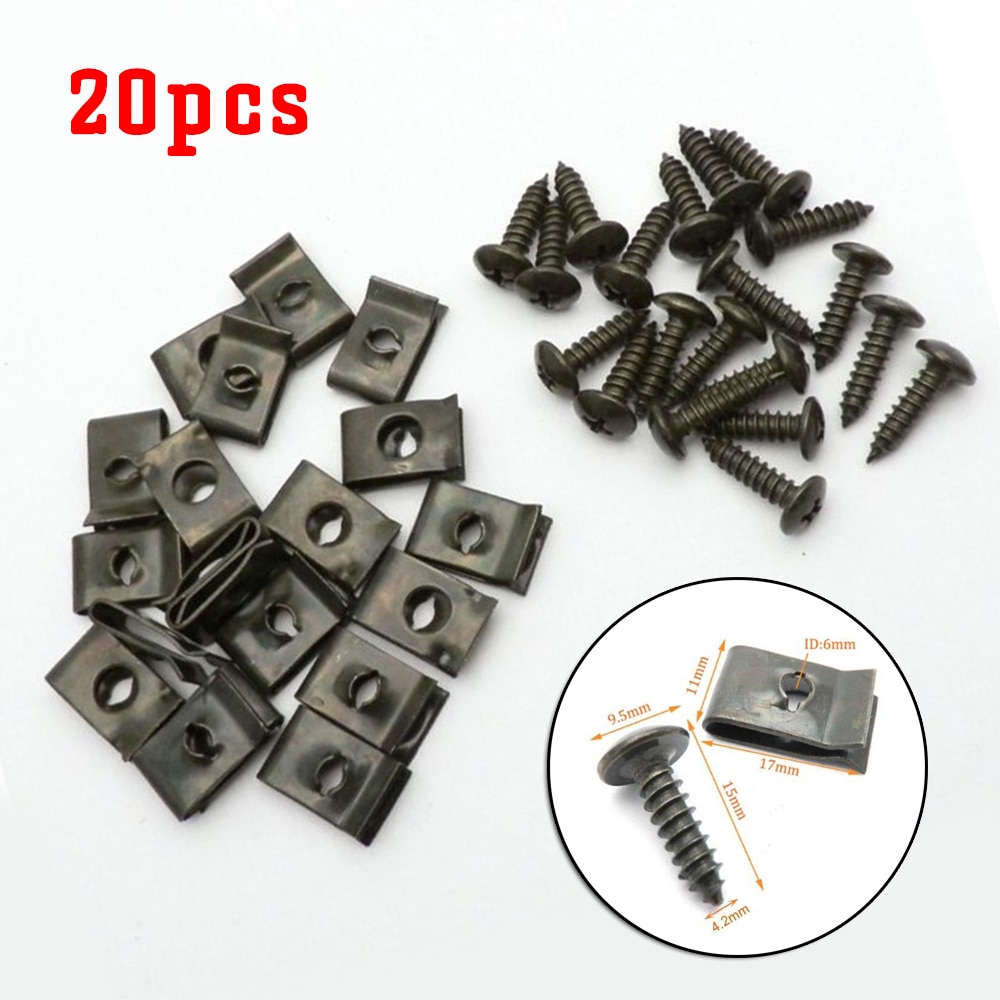20Set Metal U-type Clip With Screw Car Bumper Fender Trim Panel Fasteners U-type Clips&Screws