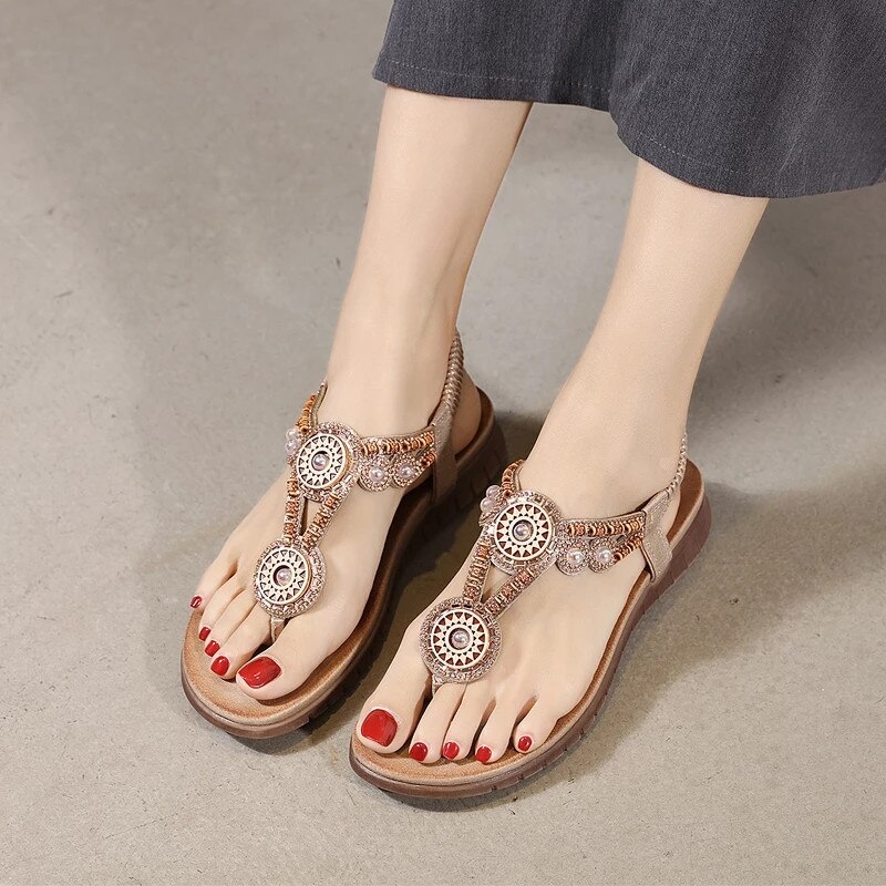Tongs plates en strass pour femmes, sandales d'été, style bohémien, chaussures confortables à la