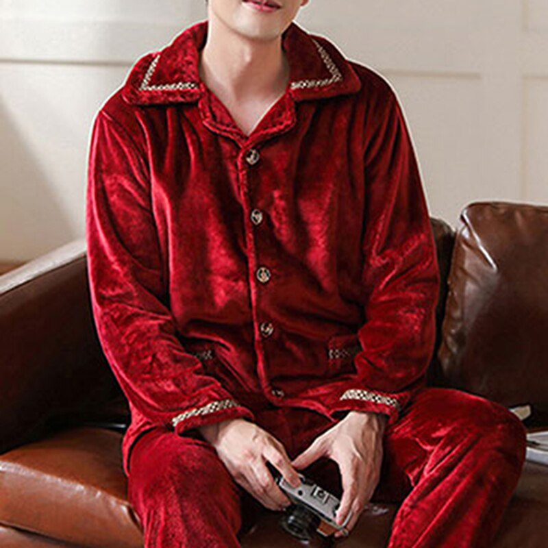 Autumn Winter Thick Warm Flannel Pajama Sets For Men Long Sleeve Coral Velvet Sleepwear Suit Loungewear Homewear Home Clothes