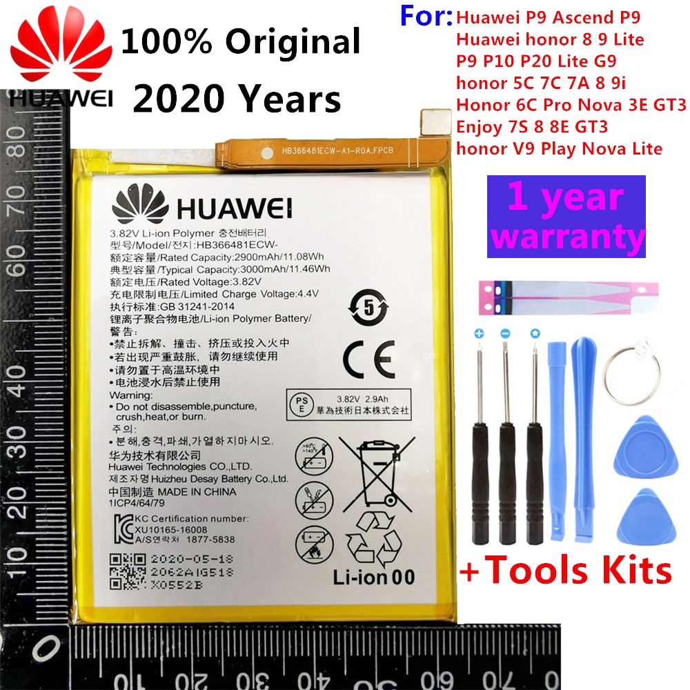 Originele Echte 3000Mah HB366481ECW Voor Huawei P9/P9 Lite/Honor 8/P10 Lite/P8 lite /P20 Lite/P9lite Batterij + Tool