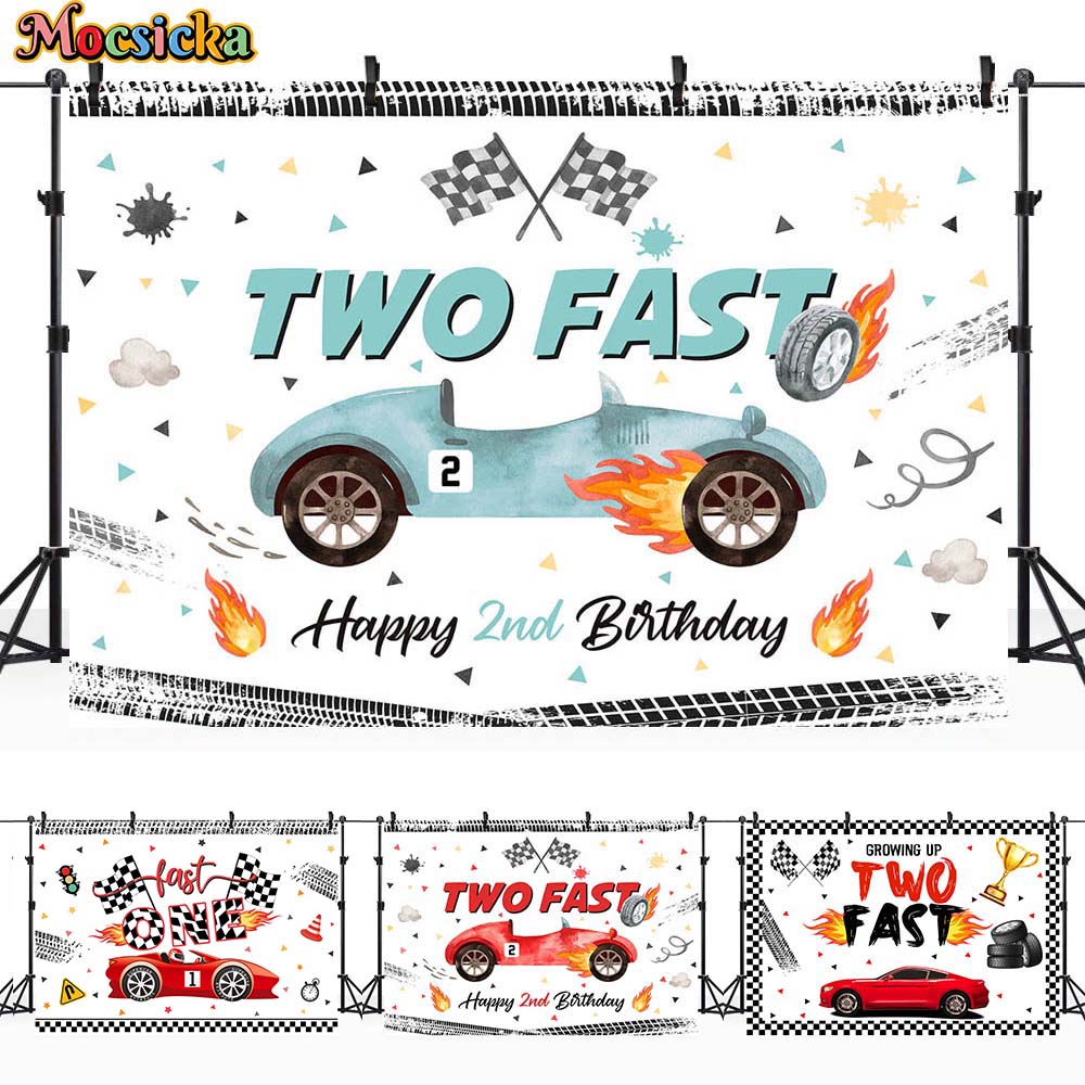 Mocsicka DUE VELOCE Felice 2° Compleanno Sfondo fotografico Rosso Auto da corsa Ragazzo Compleanno Festa Decor Sfondo fotografico Banner personalizzato