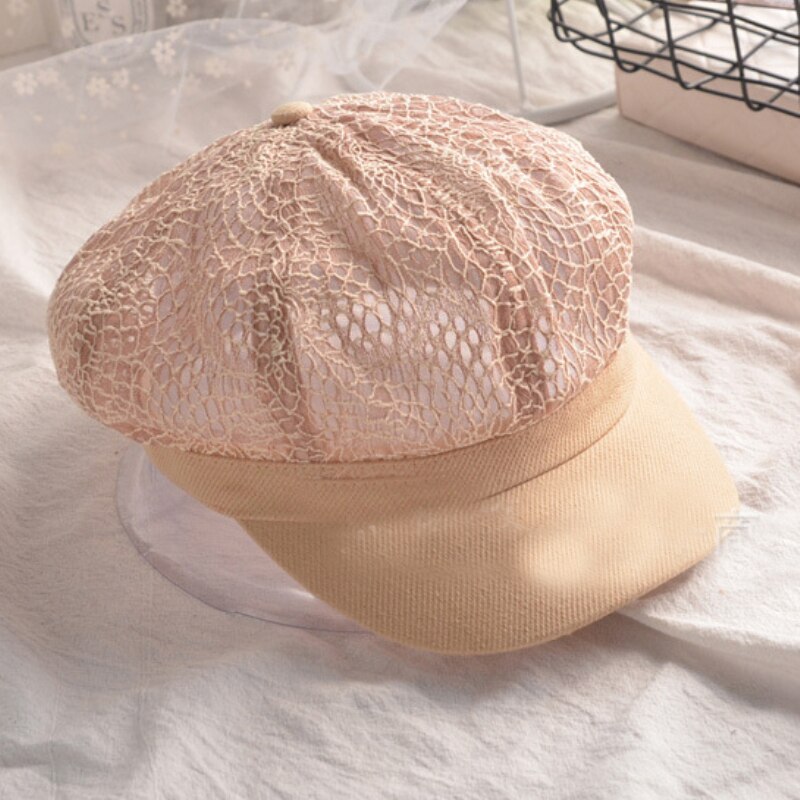 HT3207 Women Spring Summer Hat Ladies Breathable Lace Octagonal Newsboy Cap Vintage Artist Painter Beret Hat Retro Women Berets: Pink