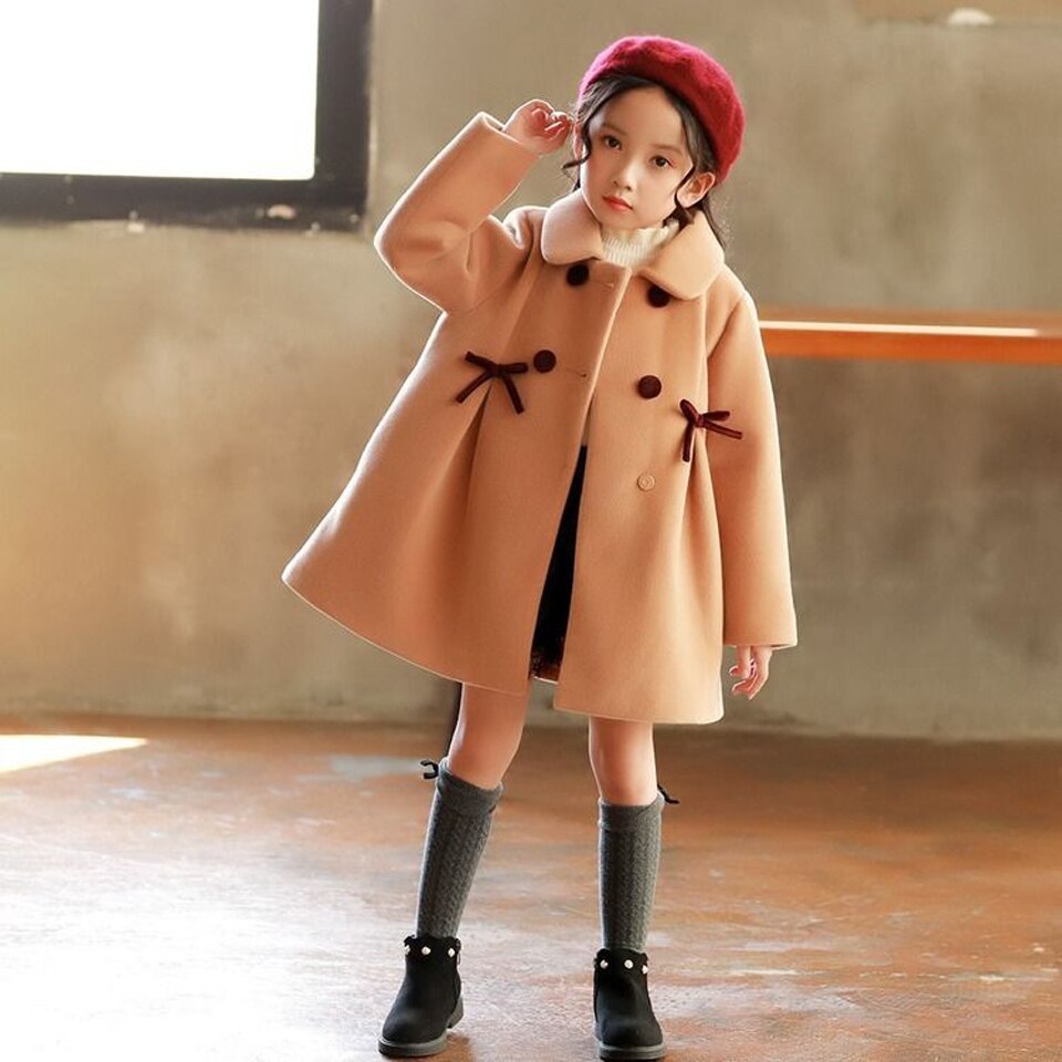 Woolen Coat For Girls Autumn Girls Jacket Bow Children's Clothes Christmas Pink Kids Outerwear Winter Girl Clothes 6 8 12 Year: Brown / 5