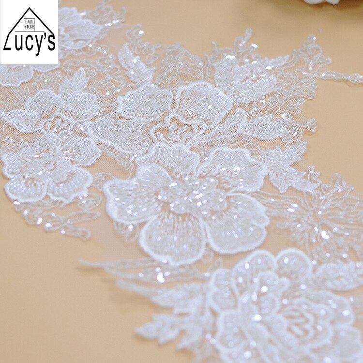 15CM Heavy Beading Lace Trim IVORY 1 Yard Wedding Dress Sewing Lace with Beads Shiny!