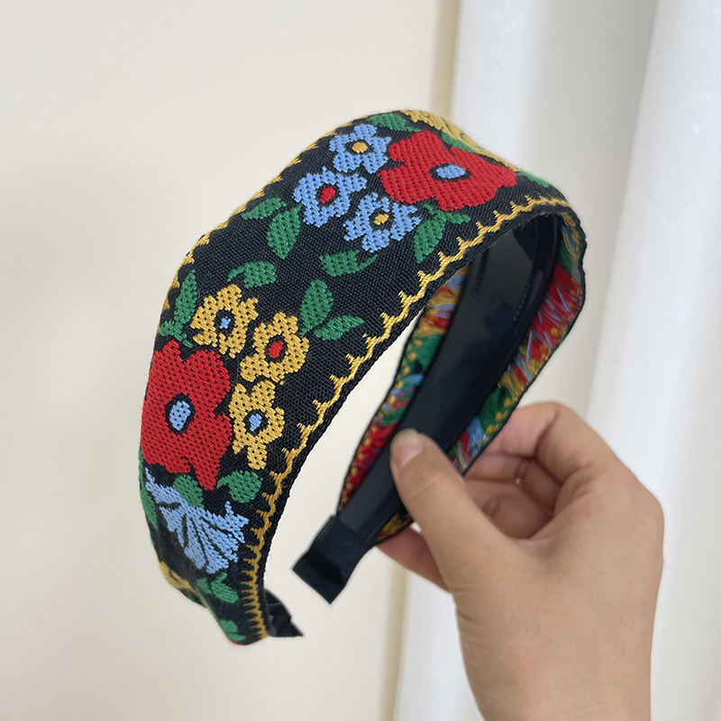 Nuovo stile bohéaspetto ricamo fascia etnica a tesa larga cerchio per capelli foglia fiore modello accessori per capelli copricapo: nero