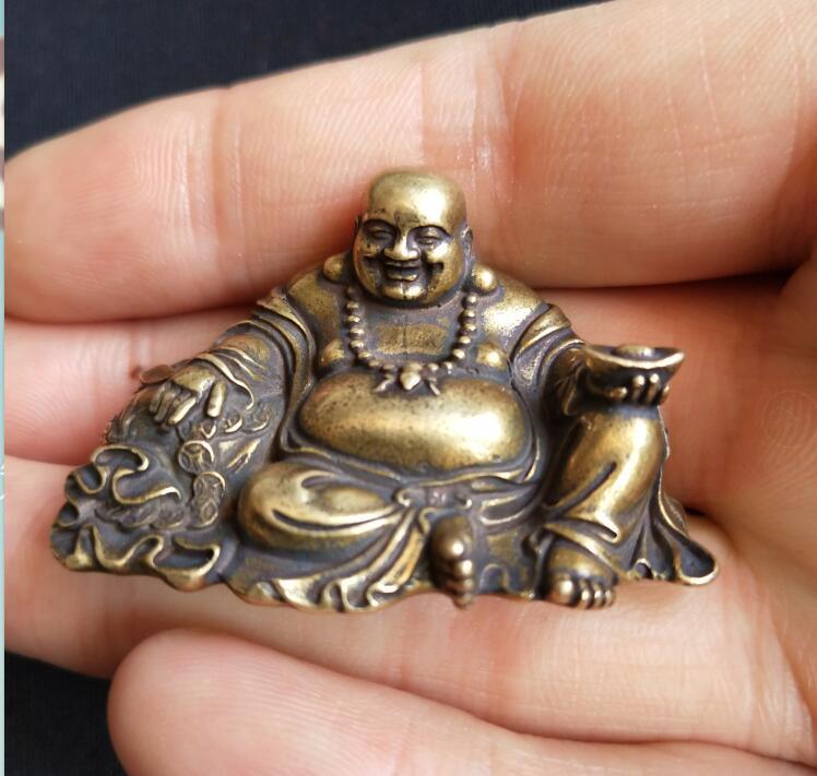 Samleobjekt kinesisk messing utskåret maitreya buddha utsøkte små statuer
