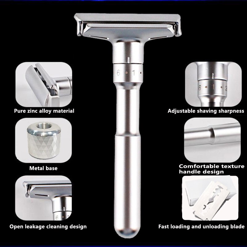 Adjustable Safety Razor Double Edge Classic Mens Shaving Mild to Aggressive 1-6 File Hair Removal Shaver it with 5 Blades