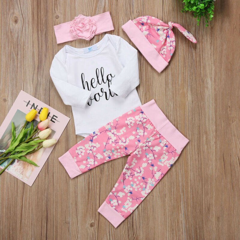Pudcoco 4 Stuks Pasgeboren Baby Meisje Kleding Set Lange Mouw Romper Broek Hoed Outfits Zomer Kleding Set 0-24M