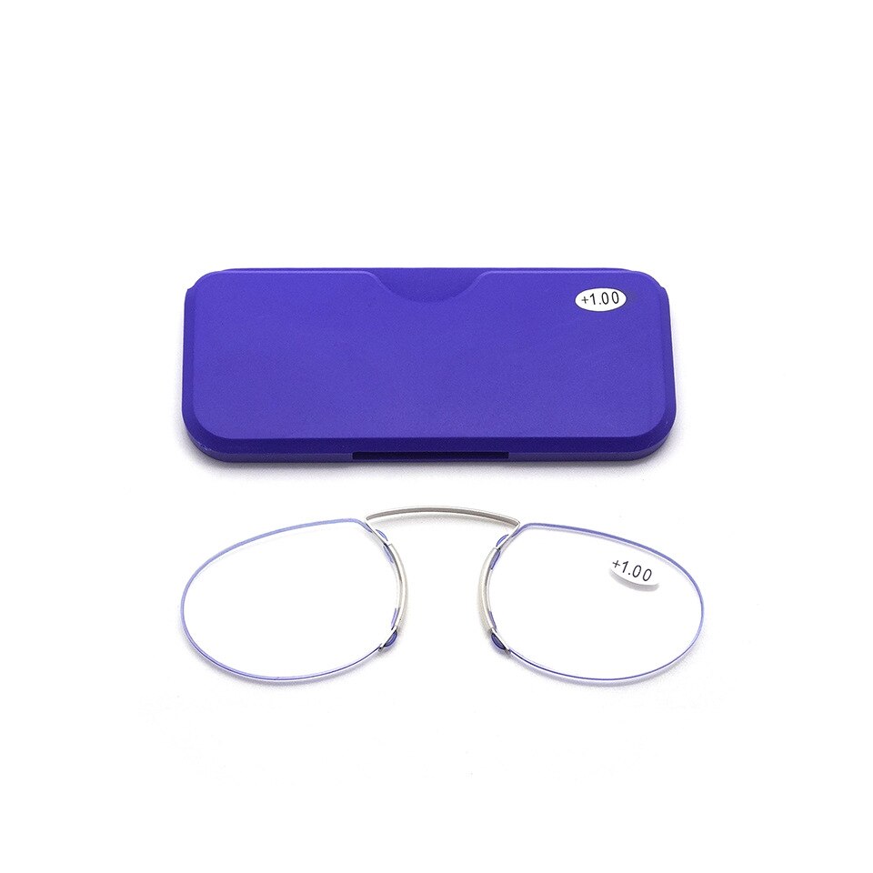 stick on phone MINI clip nose bridge reading glasses 1.0 to 3.5 Portable presbyopic glasses with Case: +250 / blue