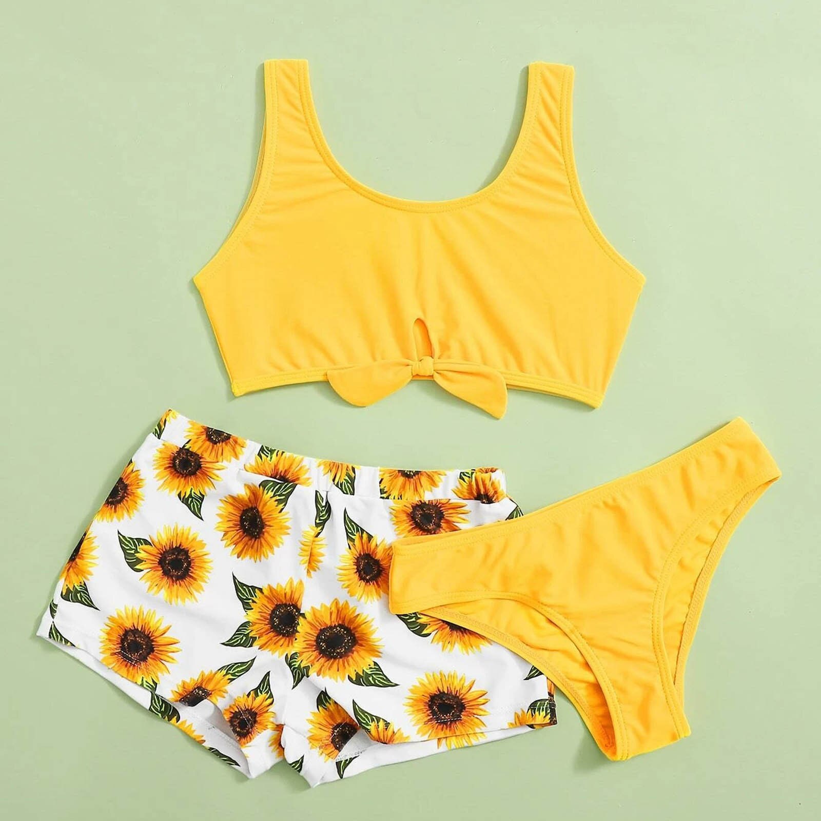 Sunflower Print Kids Swimwear For Girls Summer Cute Crisscross Sunflower Floral Print Three-piece Swimsuit Girls Bathing Suit
