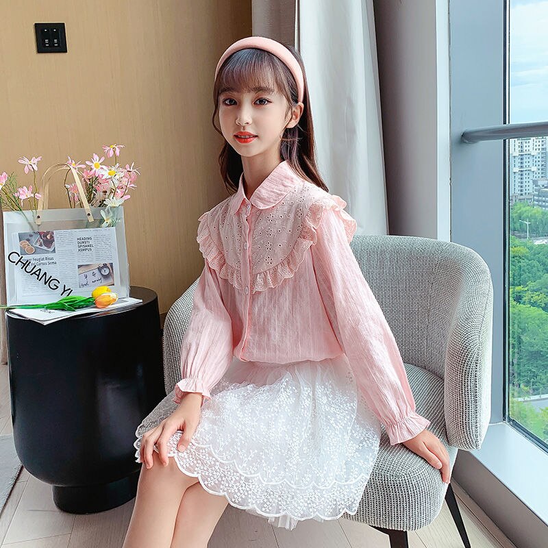 Blusa de algodón plisada con volantes para niña, camisa de color blanco y rosa para otoño, talla 4, 6, 8, 10, 12 y 14