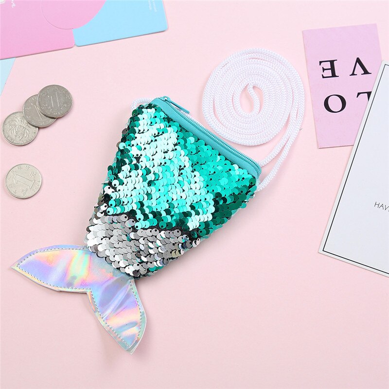 Kids Mermaid Tail Shape Sequins Mini Shoulder Bag Zipper Coin Purse: Green