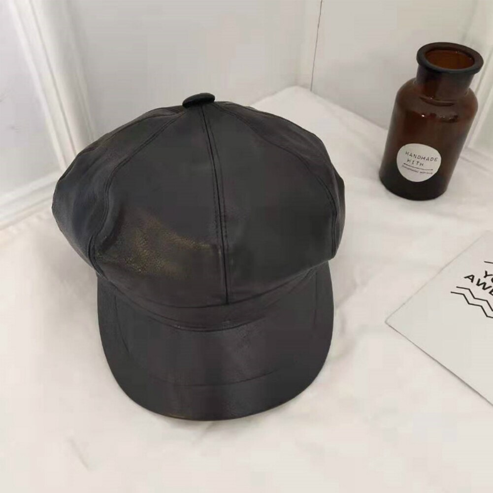 Chapeau béret en cuir pour femme | Automne, hiver chapeaux octogonaux, casquette plate, casquette chaude solide pour femme: Black