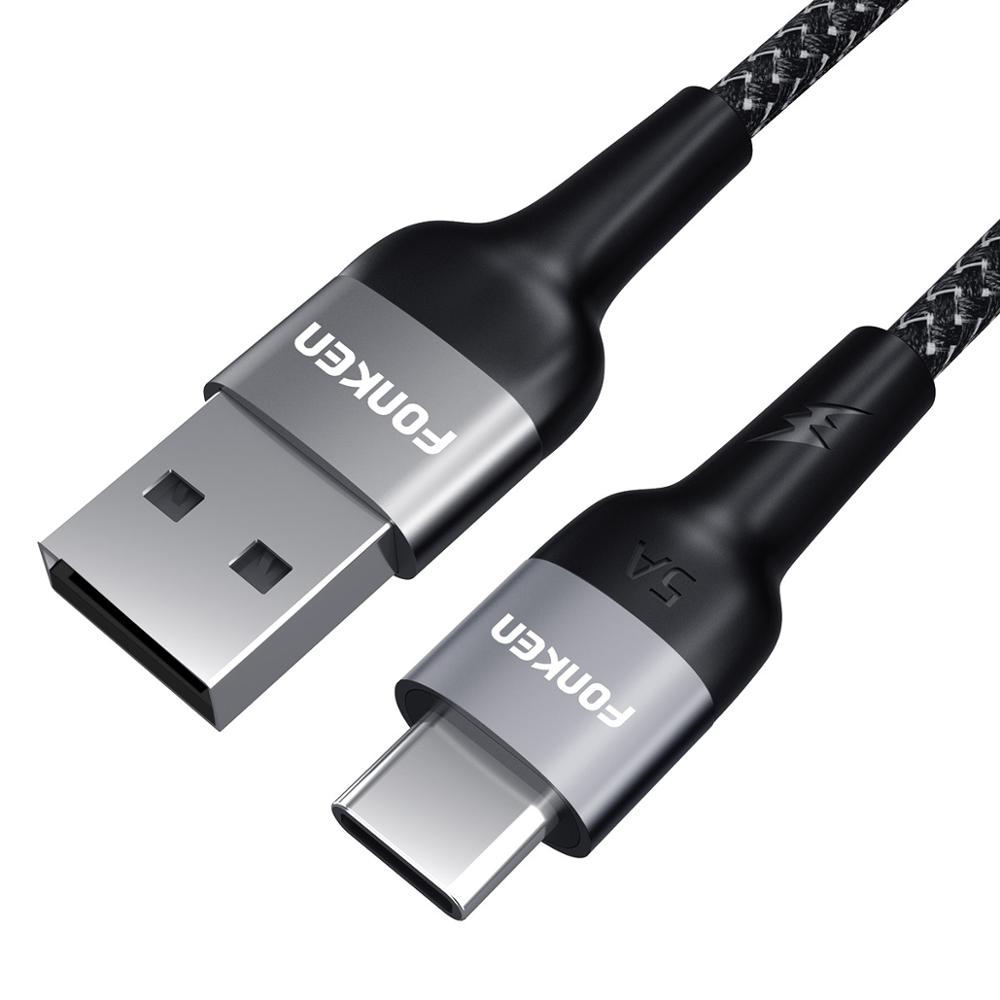 Tipo C Cabo USB 40 FONKEN 2m 5A W Carga Super Rápido USB C Fio SCP QC4.0 QC3.0 Rápida carregador de Carregamento Do Telefone Android-Tipo C Cabo: Grey 5A Cable / 30cm