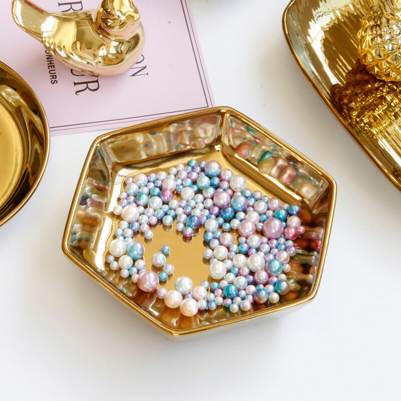 European luxury gold ceramic jewelry plate objects small tray jewelry storage plate home furnishing pieces