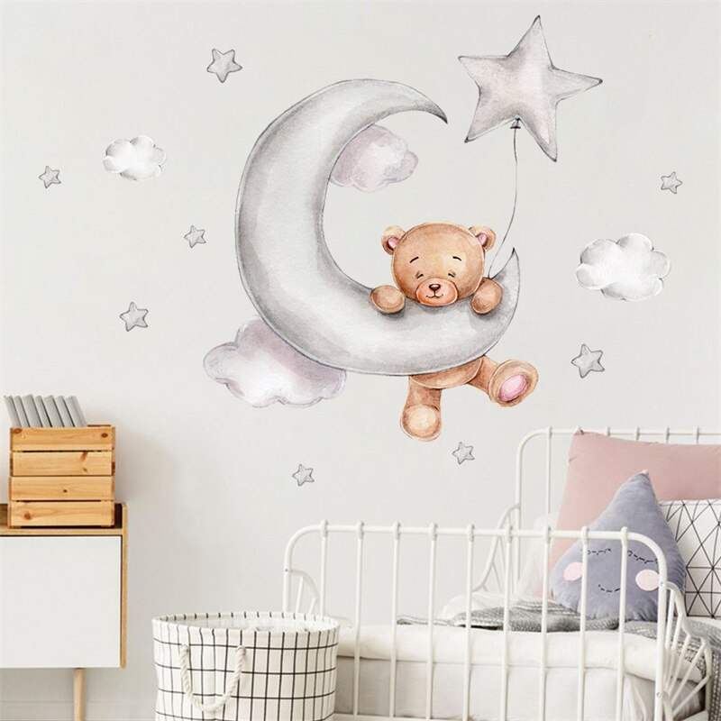 Cartoon Teddy Bear Sleeping on The Moon and Stars Wall Stickers for Kids BedRoom Baby Room Decoration Wall Decals Room Interior